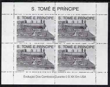 St Thomas & Prince Islands 1992 Steam Locos perf sheetlet containing 4 x 75 Db values unmounted mint, stamps on railways