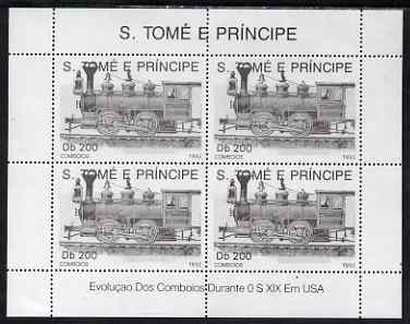 St Thomas & Prince Islands 1992 Steam Locos perf sheetlet containing 4 x 200 Db values unmounted mint, stamps on , stamps on  stamps on railways