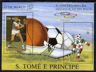 St Thomas & Prince Islands 1987 Tenth Anniversary of Institute of Sport perf sheetlet containing 2 values unmounted mint. Note this item is privately produced and is offered purely on its thematic appeal, stamps on football, stamps on sport, stamps on tennis