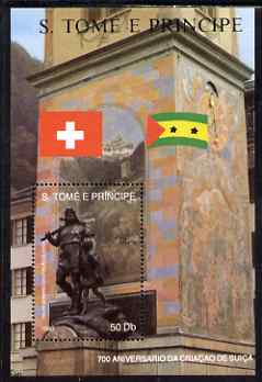 St Thomas & Prince Islands 1990 700th Anniversary of Swiss Confederation perf m/sheet #3 (Statue of William Tell) unmounted mint, stamps on switzerland, stamps on statues, stamps on archery