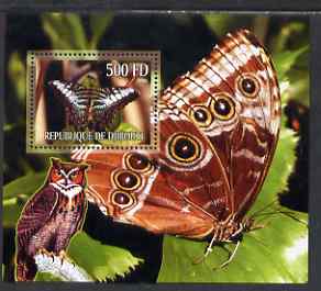 Djibouti 2006 Owl & Butterfly #2 perf m/sheet unmounted mint. Note this item is privately produced and is offered purely on its thematic appeal, stamps on , stamps on  stamps on birds of prey, stamps on  stamps on owls, stamps on  stamps on birds, stamps on  stamps on butterflies