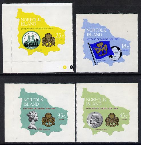 Norfolk Island 1978 Girl Guides self-adhesive set of 4 in shape of Map unmounted mint, SG 203-06*, stamps on scouts    maps    self adhesive, stamps on shaped