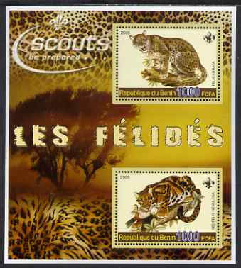 Benin 2005 Big Cats perf sheetlet containing 2 values, each with Scouts logo unmounted mint, stamps on , stamps on  stamps on animals, stamps on  stamps on cats, stamps on  stamps on scouts, stamps on  stamps on leopards