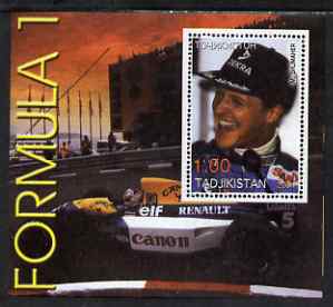 Tadjikistan 2001 Formula 1 perf s/sheet showing Michael Schumacher unmounted mint, stamps on cars, stamps on personalities, stamps on racing cars, stamps on formula 1, stamps on  f1 , stamps on camels, stamps on cigarettes, stamps on tobacco, stamps on 