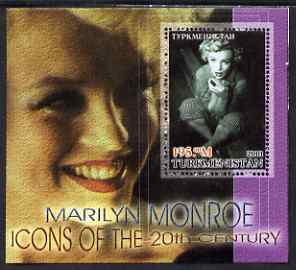 Turkmenistan 2001 Icons of the 20th Century - Marilyn Monroe perf s/sheet #2 unmounted mint. Note this item is privately produced and is offered purely on its thematic ap..., stamps on personalities, stamps on marilyn, stamps on music, stamps on films, stamps on cinema, stamps on films, stamps on movies