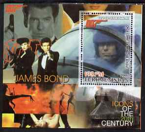 Turkmenistan 2001 Icons of the 20th Century - James Bond perf s/sheet featuring Pierce Brosnan unmounted mint, stamps on , stamps on  stamps on personalities, stamps on  stamps on cinema, stamps on  stamps on entertainments, stamps on  stamps on millennium, stamps on  stamps on films, stamps on  stamps on movies, stamps on  stamps on  spy , stamps on  stamps on 