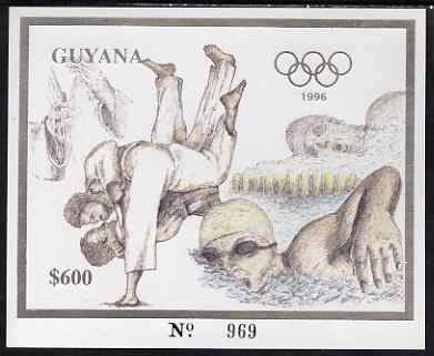 Guyana 1996 Atlanta Olympic Games imperf deluxe $600 sheet (inscriptions in silver) showing Judo & Swimming, unmounted mint Mi BL 321, stamps on , stamps on  stamps on olympics, stamps on  stamps on judo, stamps on  stamps on swimming, stamps on  stamps on martial arts