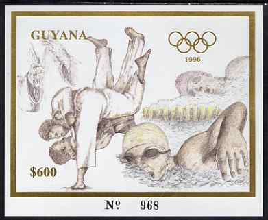 Guyana 1996 Atlanta Olympic Games imperf deluxe $600 sheet (inscriptions in gold) showing Judo & Swimming, unmounted mint Mi BL 322, stamps on , stamps on  stamps on olympics, stamps on  stamps on judo, stamps on  stamps on swimming, stamps on  stamps on martial arts