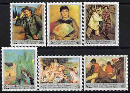 Somalia 1999 Paintings set of 6 unmounted mint. Note this item is privately produced and is offered purely on its thematic appeal (Renoir, Cezanne, Degas, Gauguin)*, stamps on , stamps on  stamps on arts, stamps on nudes, stamps on gauguin, stamps on cezanne, stamps on smoking, stamps on tobacco, stamps on renoir, stamps on fans, stamps on degas, stamps on gauguin, stamps on nudes