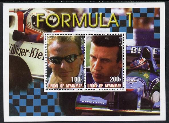 Myanmar 2001 Formula 1 (Johnny Herbert & O Panis) perf sheetlet containing 2 values unmounted mint, stamps on sport, stamps on racing cars, stamps on  f1 , stamps on personalities