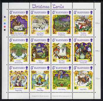 Guernsey 1986 Christmas - Carols perf sheetlet containing set of 12 values unmounted mint, SG 381-92, stamps on christmas, stamps on music, stamps on ships, stamps on bells, stamps on donkeys, stamps on sheep, stamps on angels