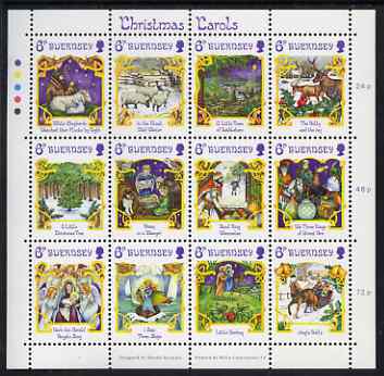 Guernsey 1986 Christmas - Carols perf sheetlet containing set of 12 values unmounted mint, SG 381-92, stamps on , stamps on  stamps on christmas, stamps on  stamps on music, stamps on  stamps on ships, stamps on  stamps on bells, stamps on  stamps on donkeys, stamps on  stamps on sheep, stamps on  stamps on angels