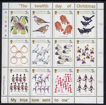 Guernsey 1984 Christmas - The Twelve Days of Christmas perf sheetlet containing set of 12 values unmounted mint, SG 316-27, stamps on , stamps on  stamps on christmas, stamps on  stamps on music, stamps on  stamps on birds, stamps on  stamps on 