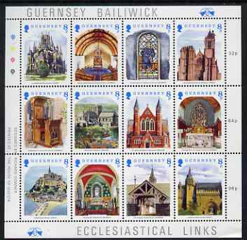 Guernsey 1988 Christmas - Ecclesiastical Links perf sheetlet containing set of 12 values unmounted mint, SG 439-50, stamps on christmas, stamps on cathedrals, stamps on churches, stamps on abbeys