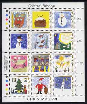 Guernsey 1991 Christmas - Childrens Paintings perf sheetlet containing set of 12 values unmounted mint, SG 540-51, stamps on christmas, stamps on arts, stamps on children
