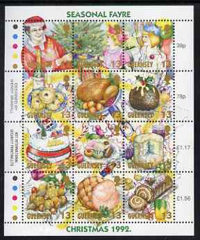 Guernsey 1992 Christmas - Seasonal Fayre perf sheetlet containing set of 12 values unmounted mint, SG 593-604, stamps on , stamps on  stamps on christmas, stamps on  stamps on food, stamps on  stamps on 