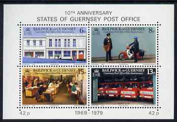 Guernsey 1979 10th Anniversary of Guernsey Postal Administration perf sheetlet containing set of 4 values unmounted mint, SG MS211, stamps on , stamps on  stamps on postal, stamps on  stamps on motorbikes, stamps on  stamps on trucks, stamps on  stamps on post offices