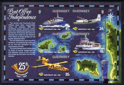 Guernsey 1994 25th Anniversary of Postal Administration perf sheetlet containing set of 5 values unmounted mint, SG MS650, stamps on , stamps on  stamps on postal, stamps on  stamps on ships, stamps on  stamps on ferry, stamps on  stamps on maps, stamps on  stamps on aviation, stamps on  stamps on  hp , stamps on  stamps on britten