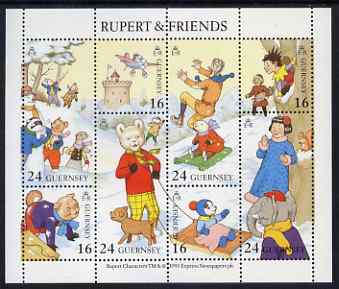 Guernsey 1993 Rupert & Friends perf sheetlet containing set of 8 values unmounted mint, SG MS 606, stamps on bears, stamps on aviation, stamps on castles, stamps on 