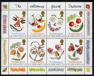Guernsey 1995 The Welcoming Face of Guernsey perf sheetlet containing set of 8 values unmounted mint, SG MS 671, stamps on tourism, stamps on shells.fish, stamps on food, stamps on flowers, stamps on anchors, stamps on butterflies, stamps on wine, stamps on drink, stamps on alcohol, stamps on 