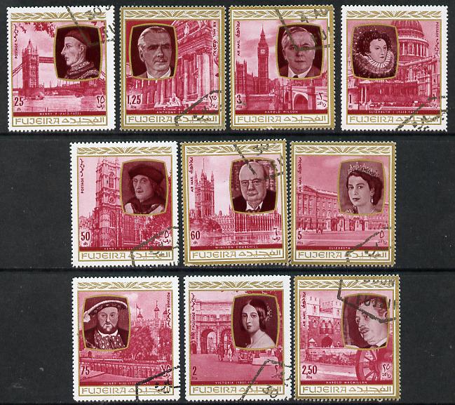 Fujeira 1970 Personalities (Monarchs & Politicians with London Landmarks) cto used set of 10, Mi 475-84 , stamps on , stamps on  stamps on constitutions, stamps on personalities, stamps on royalty, stamps on tourism, stamps on london, stamps on clocks, stamps on  stamps on churchill