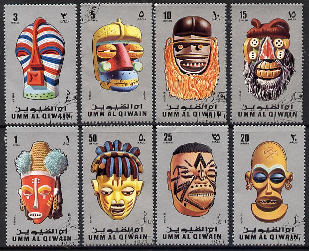 Umm Al Qiwain 1972 Masks cto used set of 8, Mi 653-60, stamps on arts    costumes    folklore    masks