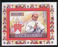 St Thomas & Prince Islands 2007 Popes individual imperf deluxe sheet #1 showing Pope Paul VI (1897-1978) unmounted mint. Note this item is privately produced and is offered purely on its thematic appeal , stamps on , stamps on  stamps on personalities, stamps on  stamps on popes, stamps on  stamps on religion, stamps on  stamps on pope, stamps on  stamps on arms, stamps on  stamps on heraldry