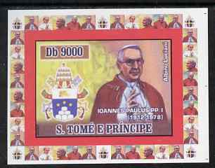 St Thomas & Prince Islands 2007 Popes individual imperf deluxe sheet #2 showing Pope John Paul I (1912-1978) unmounted mint. Note this item is privately produced and is offered purely on its thematic appeal , stamps on , stamps on  stamps on personalities, stamps on  stamps on popes, stamps on  stamps on religion, stamps on  stamps on pope, stamps on  stamps on arms, stamps on  stamps on heraldry