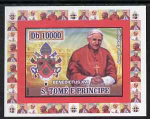 St Thomas & Prince Islands 2007 Popes individual imperf deluxe sheet #4 showing Pope Benedict XVI, unmounted mint. Note this item is privately produced and is offered purely on its thematic appeal , stamps on , stamps on  stamps on personalities, stamps on  stamps on popes, stamps on  stamps on religion, stamps on  stamps on pope, stamps on  stamps on arms, stamps on  stamps on heraldry