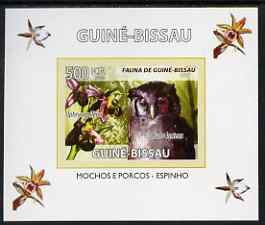 Guinea - Bissau 2008 Fauna individual imperf deluxe sheet #05 showing Eagle Owl & Bee Orchid, unmounted mint. Note this item is privately produced and is offered purely o..., stamps on animals, stamps on birds, stamps on birds of prey, stamps on owls, stamps on orchids, stamps on flowers