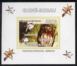 Guinea - Bissau 2008 Fauna individual imperf deluxe sheet #06 showing Pearl Spotted Owl & Orchid, unmounted mint. Note this item is privately produced and is offered pure..., stamps on animals, stamps on birds, stamps on birds of prey, stamps on owls, stamps on orchids, stamps on flowers