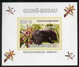 Guinea - Bissau 2008 Fauna individual imperf deluxe sheet #08 showing Porcupine & Phaius Orchid, unmounted mint. Note this item is privately produced and is offered purel..., stamps on animals, stamps on porcupines, stamps on orchids, stamps on flowers