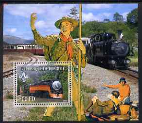 Djibouti 2007 Steam Trains #4 perf m/sheet with Scouts in background unmounted mint, stamps on railways, stamps on scouts