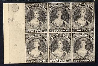 New Zealand 1855 Chalon Head 2d Hausberg's imperf proof block of 6 in black on white card, very fine, stamps on , stamps on  stamps on royalty, stamps on  stamps on  qv , stamps on  stamps on 