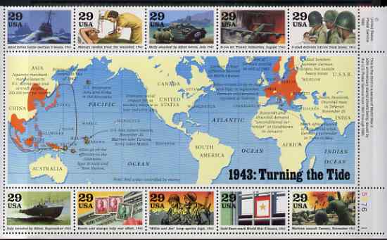 United States 1993 US Participation in WW2 - 3rd issue - 1943 Turning the Tide perf sheetlet containing 10 values plus large label unmounted mint, SG 2812a, stamps on , stamps on  stamps on maps, stamps on  stamps on  ww2 , stamps on  stamps on militaria, stamps on  stamps on ships, stamps on  stamps on aviation, stamps on  stamps on medical, stamps on  stamps on postal, stamps on  stamps on stamponstamp, stamps on  stamps on submarines