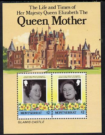 Montserrat 1985 Life & Times of HM Queen Mother (Glamis Castle) m/sheet unmounted mint, SG MS 644, stamps on buildings, stamps on castles, stamps on royalty, stamps on queen mother, stamps on architecture