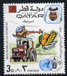 Qatar 1972 Tractor, Produce & Helicopter (FAO) 3d unmounted mint SG 437, stamps on , stamps on  stamps on united nations, stamps on  stamps on agriculture, stamps on  stamps on farming, stamps on  stamps on tractors, stamps on  stamps on helicopters, stamps on  stamps on food, stamps on  stamps on 