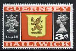 Guernsey 1969-70 3d Arms of Alderney and Edward III unmounted mint SG 17, stamps on , stamps on  stamps on arms, stamps on  stamps on heraldry, stamps on  stamps on lions, stamps on  stamps on royalty, stamps on  stamps on 