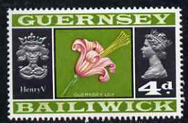 Guernsey 1969-70 4d Guernsey Lily & Henry V unmounted mint SG 18, stamps on , stamps on  stamps on flowers, stamps on  stamps on lilies, stamps on  stamps on royalty, stamps on  stamps on 