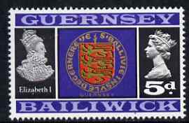 Guernsey 1969-70 5d Arms of Guernsey & Elizabeth I unmounted mint SG 19, stamps on , stamps on  stamps on arms, stamps on  stamps on heraldry, stamps on  stamps on royalty, stamps on  stamps on 