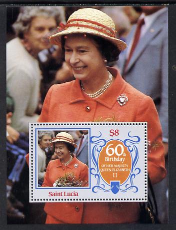 St Lucia 1986 Queen's 60th Birthday $8 perf m/sheet SG MS 880, unmounted mint, stamps on royalty, stamps on 60th birthday