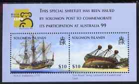 Solomon Islands 1999 Australia 99 International Stamp Exhibition m/sheet of 2 values unmounted mint, SG MS923, stamps on , stamps on  stamps on ships, stamps on  stamps on stamp exhibitions, stamps on  stamps on explorers, stamps on  stamps on cook
