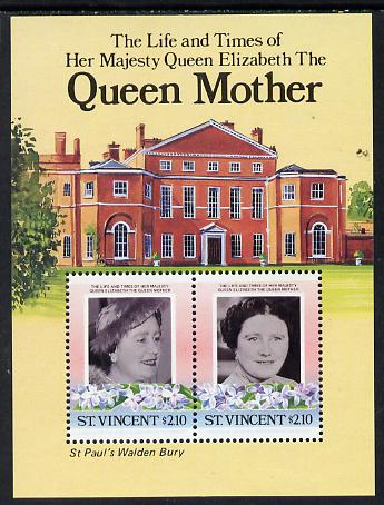 St Vincent 1985 Life & Times of HM Queen Mother (St Pauls Walden Bury) m/sheet unmounted mint (SG MS 918), stamps on buildings  royalty      queen mother