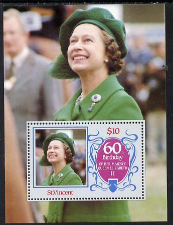 St Vincent 1986 Queen's 60th Birthday m/sheet unmounted mint SG MS 982, stamps on , stamps on  stamps on royalty        60th birthday