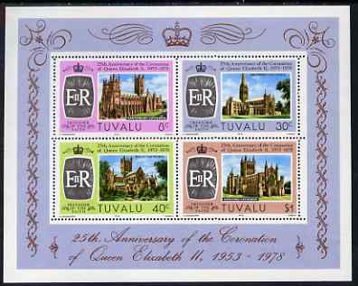 Tuvalu 1978 25th Anniversary of Coronation m/sheet of 4 values (Canterbury, Salisbury, Wells and Hereford Cathedrals) unmounted mint, SG MS93, stamps on , stamps on  stamps on royalty, stamps on  stamps on coronation, stamps on  stamps on churches, stamps on  stamps on cathedrals