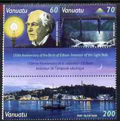 Vanuatu 1997 150th Birth Anniversary of Thomas Edison compsite set of 3 unmounted mint, SG 757-59, stamps on , stamps on  stamps on science, stamps on  stamps on technology, stamps on  stamps on personalities, stamps on  stamps on edison, stamps on  stamps on ships, stamps on  stamps on civil engineering, stamps on  stamps on  dams, stamps on  stamps on 