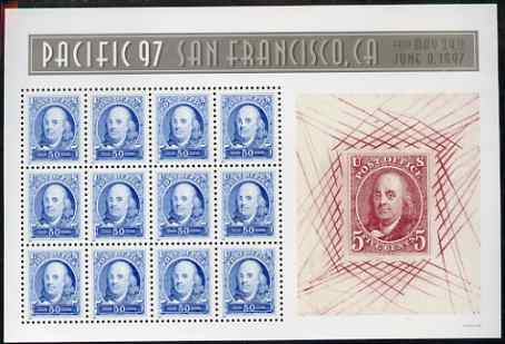 United States 1997 'Pacific 97' International Stamp Exhibition (2nd issue) - 150th Anniversary of first US Postage Stamps m/sheet of 12 x 50c (Franklin) unmounted mint, SG MS 3302a, stamps on , stamps on  stamps on stamp exhibitions, stamps on  stamps on stamponstamp, stamps on  stamps on americana, stamps on  stamps on usa presidents, stamps on  stamps on personalities