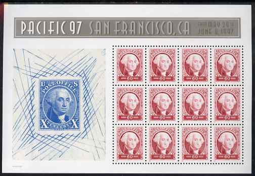 United States 1997 Pacific 97 International Stamp Exhibition (2nd issue) - 150th Anniversary of first US Postage Stamps m/sheet of 12 x 60c (George Washington) unmounted ..., stamps on stamp exhibitions, stamps on stamponstamp, stamps on americana, stamps on usa presidents, stamps on personalities