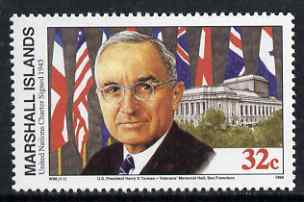 Marshall Islands 1995 History of WW2 (#96) Signing of the United Nations Charter 32c (Harry S Truman & Venterans' Memorial Hall, San Franscisco) unmounted mint, SG 588, stamps on , stamps on  ww2 , stamps on americana, stamps on us presidents, stamps on flags