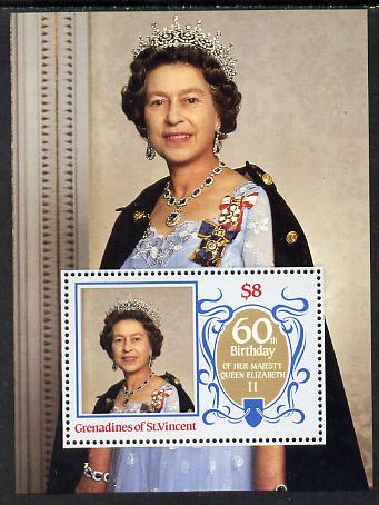 St Vincent - Grenadines 1986 Queens 60th Birthday m/sheet unmounted mint SG MS 463, stamps on royalty        60th birthday